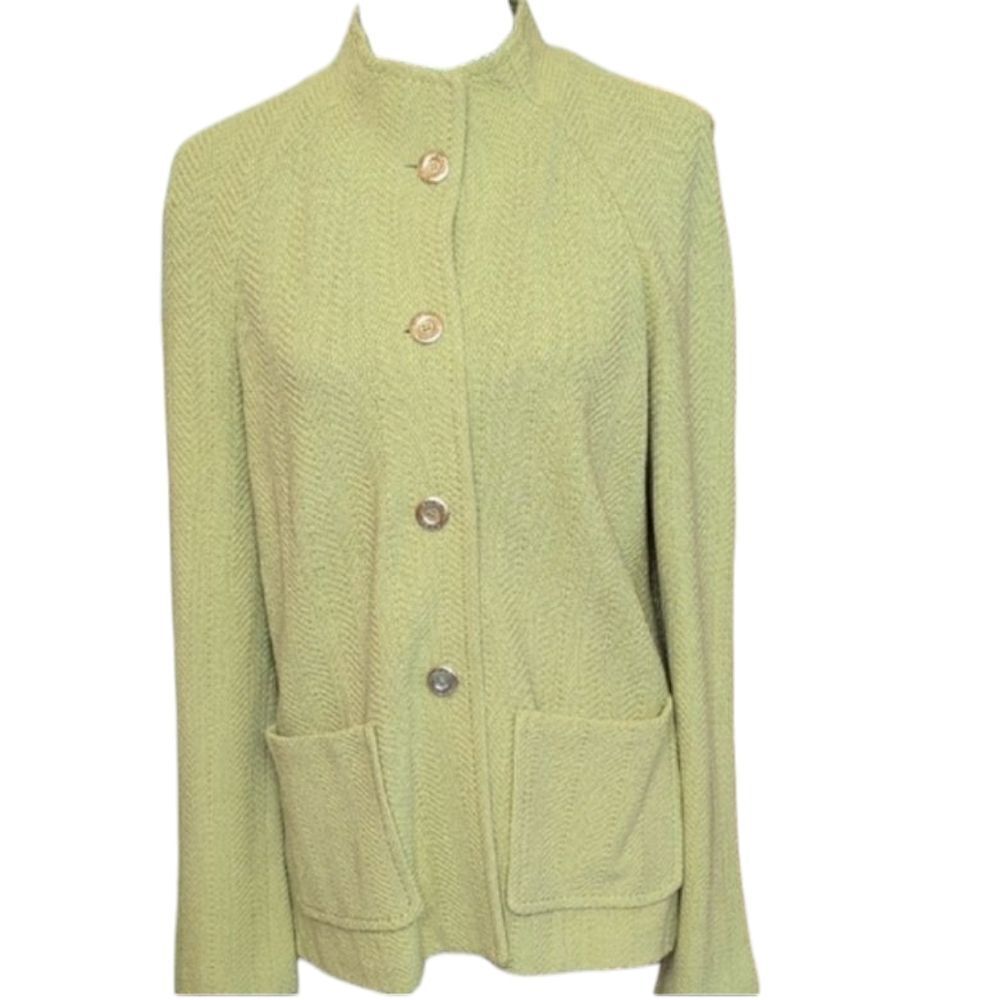 St. John lime green cardigan gold buttons w pockets size M